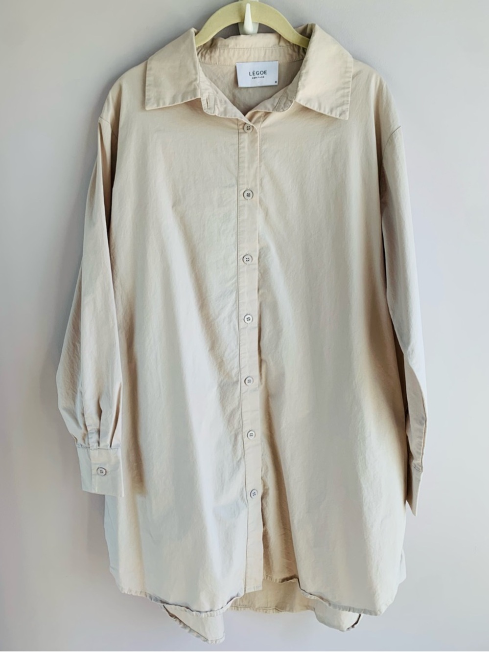 Legoe Heritage Maternity Shirt Dress Tan Neutral Cotton Button Front EUC XS